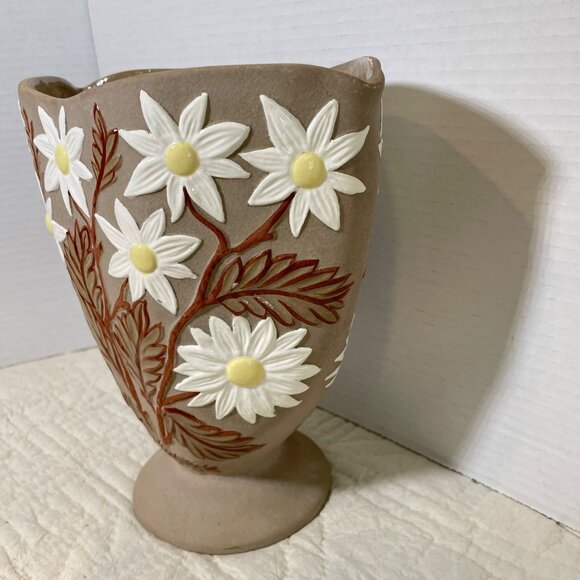 Handcrafted Ceramic Vase With Embossed White Daisies & Brown Leaves By A. Paquet - Picture 4 of 11